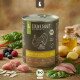 LIEBESGUT-Dose mit Welpenfutter 'Bio-Pute für Welpen' mit Putenetikett, rohen Putenstücken, Grünzeug, Beeren und Kartoffeln