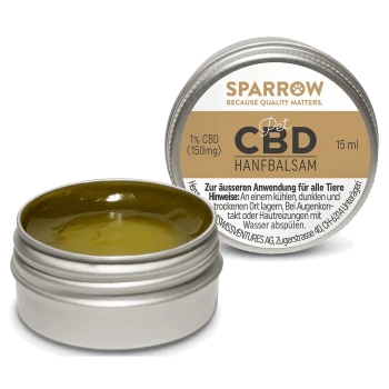 Haustier-CBD-Hanfbalsam in einer silbernen Dose, 15 ml, mit 1% CBD (150 mg) Etikett; Anweisungen auf Deutsch für die äußerliche Anwendung bei allen Tieren.