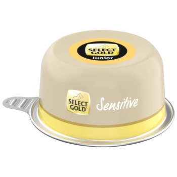 Select Gold Junior Sensitive Nassfutterbehälter für Hunde mit beige-gelber Verpackung.