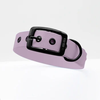 Ein lavendelfarbenes Hundehalsband mit einer schwarzen Schnalle und Löchern zur Anpassung, mit dem eingeprägten Text "THE DOG IDEA" auf der Schnalle.