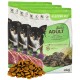 Verpackung für Hundefutter mit einem Chihuahua, beschriftet mit "Josie's ADULT", reich an Lamm und Reis, mit 4 kg Gewicht und glutenfreien Angaben.