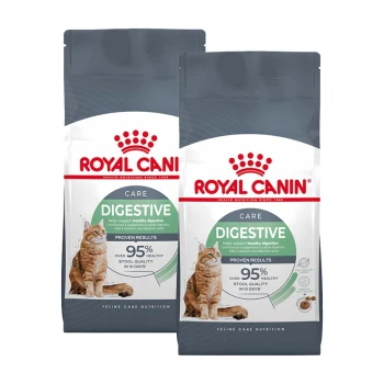 Zwei Tüten Royal Canin Care Digestive Katzenfutter, mit einem Katzenbild, Ansprüchen von 95% gesunder Stuhlqualität in 10 Tagen.
