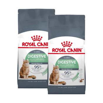 Deux sacs de nourriture pour chats Royal Canin Care Digestive, présentant une image de chat, affirmant 95% de qualité de selles saines en 10 jours.