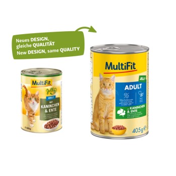 Zwei MultiFit Katzenfutterdosen: eine mit Kaninchen & Ente, die andere mit der Aufschrift "Erwachsene," beide mit Katzen und einer grünen Sprechblase über Qualität.