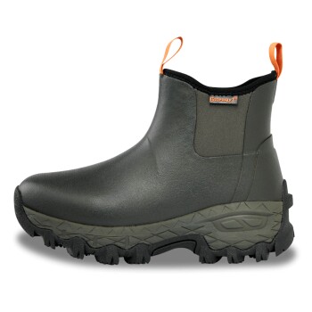 Grauer und schwarzer Gateway wasserdichter Hundestiefel mit orangefarbenen Zuglaschen und robustem Profil, Seitenansicht.