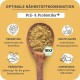 Holzlöffel mit braunem Pulver, umgeben von deutschem Text über Probiotika, Präbiotika, Heilpflanzen und Superfoods für die Darmgesundheit. Bio-Label.