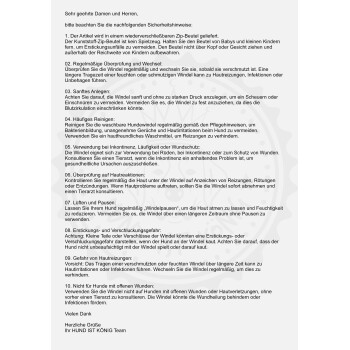 Deutsche Sicherheitsanweisungen für Hundewindeln mit schwachem Pfoten‑Wasserzeichen, durchnummeriert 1–10; Kopfzeile 'Sehr geehrte Damen und Herren' und Fußzeile 'Ihr HUND IST KÖNIG Team'.