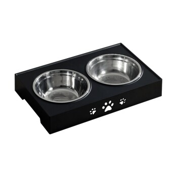 Schwarze Futterstation für Haustiere mit zwei Edelstahlschüsseln, die Pfotenabdruck-Ausschnitte an der Vorderseite aufweist.