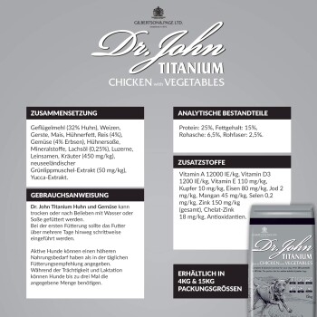 Dr. John Titanium Chicken mit Gemüse Tiernahrung Verpackung, die Zutaten, Nährwertanalyse und Fütterungsanweisungen in Deutsch zeigt.