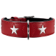 Roter Leder-Hundehalsband mit weißen Sternverzierungen und einer silbernen Schnalle.