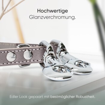 Nahaufnahme eines stilvollen Tierhalsbands mit verchromten Verschlüssen und Text: "Hochwertige Glanzverchromung" und "Edler Look, bestmögliche Robustheit."