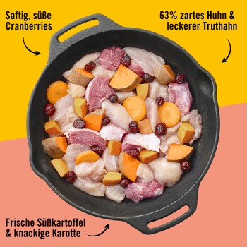 Eine gusseiserne Pfanne mit rohem Huhn, Truthahn, Süßkartoffeln, Karotten und Cranberries, mit Zutatentext auf Deutsch.