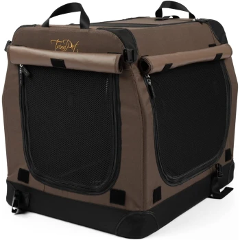 Tragbare Tiertrage aus braunem Stoff mit Netzpaneelen, ausgestattet mit einem oberen Griff und Reißverschlüssen für einfachen Zugang.