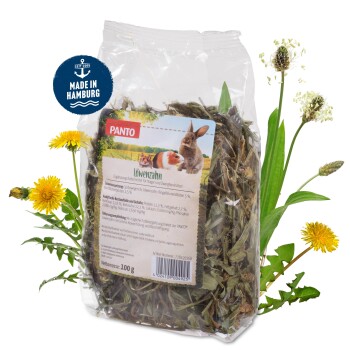 PANTO Löwenzahn getrocknete Löwenzahnblätter und -blüten für Kleintiere, 100g, hergestellt in Hamburg, mit Bild von Kaninchen und Meerschweinchen.