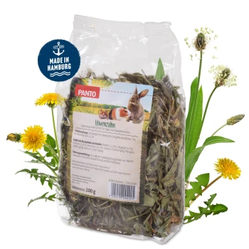 PANTO Löwenzahn getrocknete Löwenzahnblätter und -blüten für Kleintiere, 100g, hergestellt in Hamburg, mit Bild von Kaninchen und Meerschweinchen.
