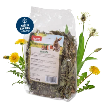 PANTO Löwenzahn getrocknete Löwenzahnblätter und -blüten für Kleintiere, 100g, hergestellt in Hamburg, mit Bild von Kaninchen und Meerschweinchen.