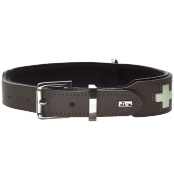 Braunes Leder-Hundehalsband mit silberner Schnalle, Anhänger mit der Aufschrift „HUNTER“ und grünem Kreuzemblem.