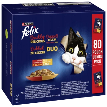 Duże opakowanie karmy Purina Felix Duo dla kotów z 80 saszetkami, z czarno-białym kotem i miską z mieszanym mięsem w galarecie.