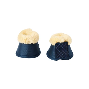 Marineblaue Haustierstiefel mit einem flauschigen gelben Innenfutter, mit einem sicheren Riemen an der Seite für einfaches Anziehen.