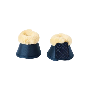 Marineblaue Haustierstiefel mit einem flauschigen gelben Innenfutter, mit einem sicheren Riemen an der Seite für einfaches Anziehen.