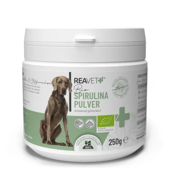 Behälter mit REAVET Bio Spirulina-Pulver für Haustiere, 250g, mit einer Hundesilhouette und dem Hinweis, dass es schonend getrocknet ist.