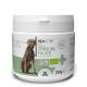 Behälter mit REAVET Bio Spirulina-Pulver für Haustiere, 250g, mit einer Hundesilhouette und dem Hinweis, dass es schonend getrocknet ist.