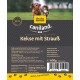 Hundeleckerli-Verpackung mit zwei verspielten Hunden. Das Etikett sagt "Caniland Kekse mit Strauß," für alle Rassen, mit 12% Protein und 8% Fett.