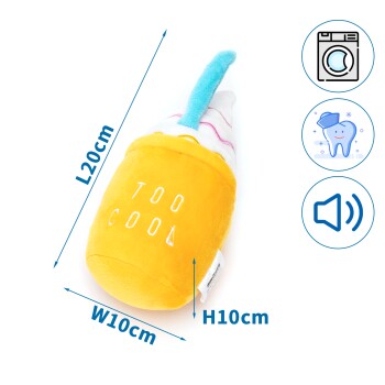 Plüschspielzeug für Haustiere in Form einer Eistüte, gelb mit dem Text "TOO COOL", Maße L20cm x B10cm x H10cm, mit Geräusch und waschbar.