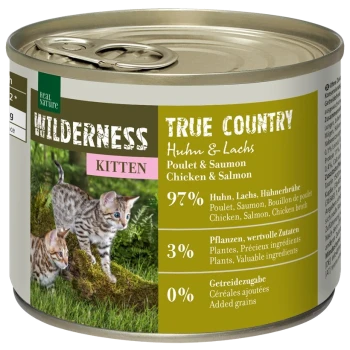 Dosenfutter "Wilderness True Country" für Kätzchen mit Huhn, Lachs, 97% Fleisch und zwei verspielten Kätzchen auf dem Etikett.