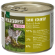 Dosenfutter "Wilderness True Country" für Kätzchen mit Huhn, Lachs, 97% Fleisch und zwei verspielten Kätzchen auf dem Etikett.