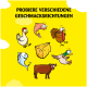 Cartoon kip, vis, kalkoen, eend, koe en kaas op een gele achtergrond met "PROBIERE VERSCHIEDENE GESCHMACKSRICHTUNGEN."