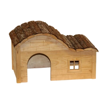Holzhaustierhaus mit einem gewölbten Rinden-Dach, mit einem gewölbten Eingang und einem kleinen Fenster an der Seite.