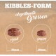 Bild, das zwei Kibble-Formen für Haustiere zeigt: ein Erwachsenen-Kibble (15 mm) und ein Welpen-Kibble (10 mm), mit dem Text "KIBBLES-FORM" und "abgestimmte Grössen."