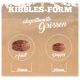 Image montrant deux formes de croquettes pour animaux : une croquette pour adulte (15 mm) et une croquette pour chiot (10 mm), avec le texte "KIBBLES-FORM" et "abgestimmte Grössen."