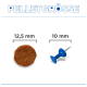 Überschrift 'PELLETGRÖSSE' mit Pellet beschriftet 12,5 mm (links) und blauer Reißzwecke beschriftet 10 mm (rechts).