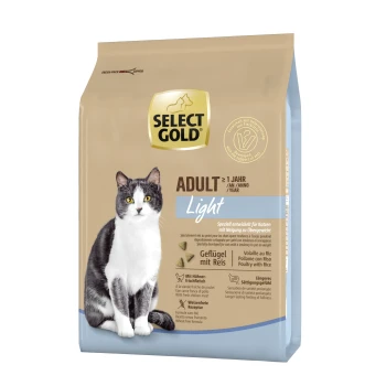 Light Adult Geflügel und Reis 2.5 kg Hundefutterbeutel beschriftet mit "SELECT GOLD ADULT Light" mit einer grau-weißen Katze, mit Text über Gewichtsmanagement und Huhn mit Reis.