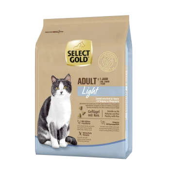 Hundefutterbeutel beschriftet mit "SELECT GOLD ADULT Light" mit einer grau-weißen Katze, mit Text über Gewichtsmanagement und Huhn mit Reis.