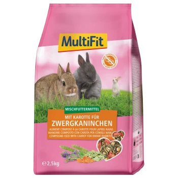 Rosa MultiFit 2,5-kg-Tüte mit Karotten-Mischfutter für Zwergkaninchen, zwei Hasenfotos, Aufschrift „Mit Karotte für Zwergkaninchen“.