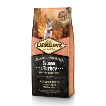 Saumon Dinde Puppy Large 12kg Sac de nourriture pour chien étiqueté 'Carnilove into the Wild,' présentant 'Saumon & Dinde' pour les chiots de grande race, sans céréales et sans pommes de terre.