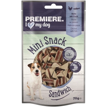 Première collation sandwich mini I Love My Dog, paquet de 70 g avec des friandises triangulaires pour chiens au goût de poulet et de poisson.