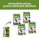 Die Verpackung von Whimzees Daily Dental Treats zeigt verschiedene Größen (XS, S, M, L) mit Hunden und hebt optimiertes Design und Rezept hervor.