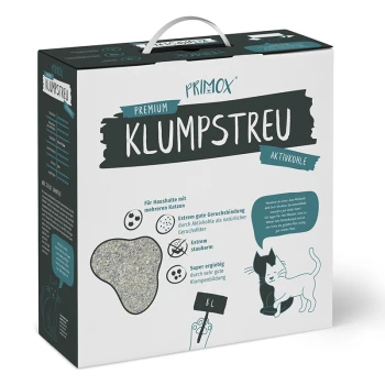PRIMOX Premium Klumpstreu Aktivkohle 8 l Verpackung von Premium-Klumpstreu für Katzen mit einer Katzenillustration, die die Geruchskontrolle mit Aktivkohle und ein Volumen von 8L hervorhebt.