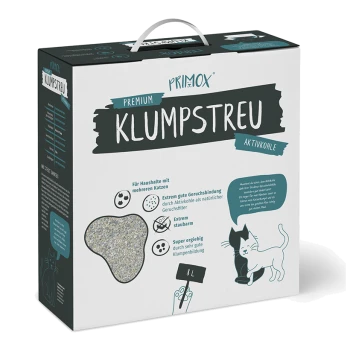 Verpackung von Premium-Klumpstreu für Katzen mit einer Katzenillustration, die die Geruchskontrolle mit Aktivkohle und ein Volumen von 8L hervorhebt.