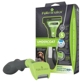 Grünes FURminator 'Undercoat deShedding Tool' und Verpackung für kleine langhaarige Hunde, mit sichtbarem Schriftzug 'UNDERCOAT deSHEDDING TOOL'.