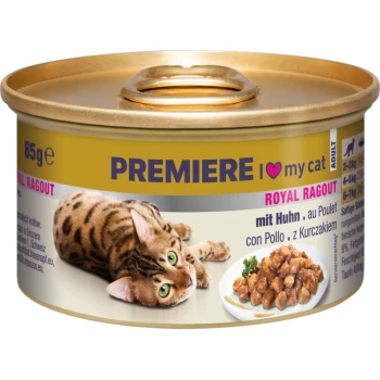 Katzenfutterdose mit goldenem Deckel, die eine verspielte getigerte Katze und Fleischstücke zeigt. Text: "PREMIERE I love my cat ADULT ROYAL RAGOUT mit Huhn."