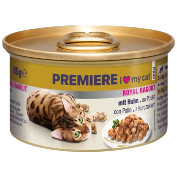 Katzenfutterdose mit goldenem Deckel, die eine verspielte getigerte Katze und Fleischstücke zeigt. Text: "PREMIERE I love my cat ADULT ROYAL RAGOUT mit Huhn."