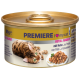 Katzenfutterdose mit goldenem Deckel, die eine verspielte getigerte Katze und Fleischstücke zeigt. Text: "PREMIERE I love my cat ADULT ROYAL RAGOUT mit Huhn."