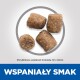 Cztery kawałki karmy dla zwierząt w kolorze brązowym wyeksponowane na jasnym tle, z tekstem "WSPANIAŁY SMAK" i szczegółami rozmiaru poniżej.