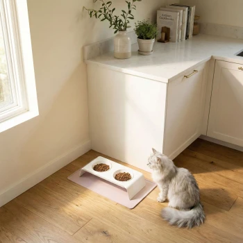 Silicone Haustierfütterungsmatten in Pink, Grau und Beige, mit einer glatten Oberfläche und abgerundeten Ecken, in flacher und gerollter Position präsentiert.