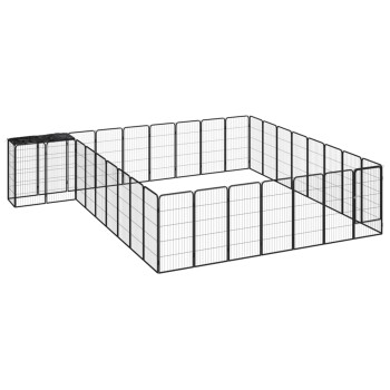 Schwarzes Metall-Haustierspielgehege mit mehreren Paneelen, das eine rechteckige Umzäunung mit einer Tür auf einer Seite bildet.